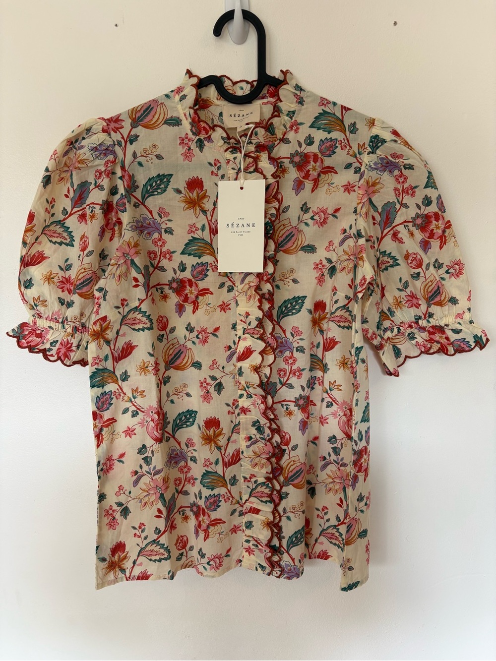 Sézane Maya Blouse Fleurs Indiennes Floral Ruffle Size 34 US 2 NWT - Picture 2 of 16
